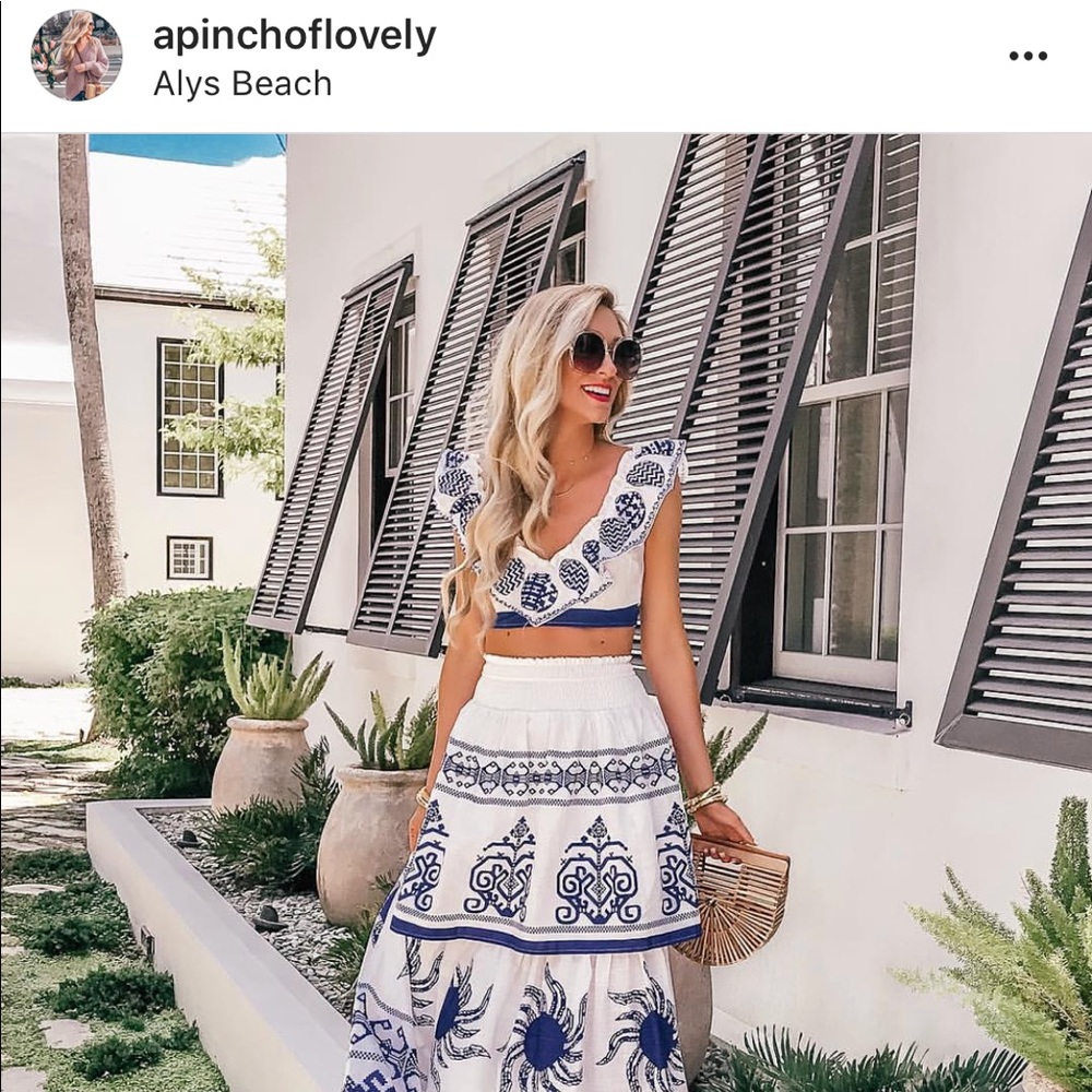 Two piece blue and white maxi skirt and crop top